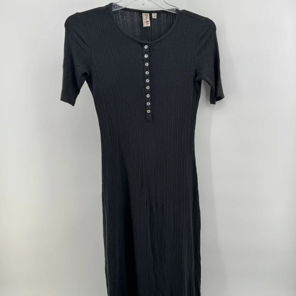 Dolan Left Coast Collection Henley Maxi Dress Women XS Black Ribbed Short Sleeve